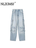 Znbbw TARF 2023 Spring Autumn Women Jeans Washed Process Worn-out Cargo Pants Straight Trousers Women