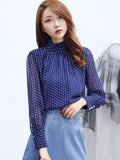 Znbbw Sleeve Blouse Women Stand Collar Dot Striped Chiffon Blouse Shirt Tops Women Blusas Mujer De Moda 2023 Shirts Blouses G71