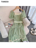 znbbw Summer Fairycore Backless Square Collar Bow Lace-up Green Long Dresses Women High Waist Chiffon Loose Evening Dress