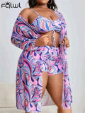 znbbw Printing Bandage Plus Size 3 Piece Swimsuit Summer Outfits For Women 2023 Sexy Long Sleeve Cover Ups Beach Vacation Wear