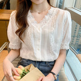 Znbbw Short Sleeve White Blouse Women Lace V-Neck Blouse Shirt Blusas Mujer De Moda 2023 Verano Women Tops Blouses Shirts F452