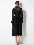 Znbbw Vintage Hollow Out Long Sleeve Over Knee Dress Women High Waist Sashes Buttons Female Black Lace Embroidery Dress