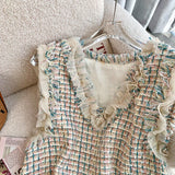 znbbw Tweed Vest Slim Crop Tops Autumn Colete Feminino V Neck Knitted Plaid Vest Sweater French Waistcoat Ruffled Blouse