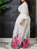 Znbbw Women Print Pleated Wide Leg Pants 2 Piece Sets Solid V-neck Long Sleeves Crop Tops Suits Summer female Floral Vacation Outfits