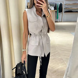 Znbbw Women Office Matching Set Simple Lapel Solid Drawstring Lace Up Nipped Waist Vest Top Pants Sets Streetwear For Female