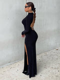 znbbw Autumn Winter Sexy Backless Black Dress Women 2023 Long Sleeve Chain Maxi Split Bodycon Dresses Party Club Elegant