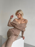 znbbw New Sexy Off Shoulder Knitted Two Piece Set Women Long Sleeve Sport Tracksuit 2 Piece Sweater Pants Suits Matching Sets