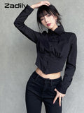 znbbw 2023 Autumn Y2K Sexy Long Sleeve Folds Women Shirt Street Gothic Button Ladies Crop Top Club Female Clothing Blouse Tops