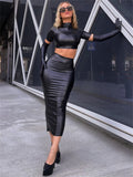 znbbw Summer Sexy Solid Faux Leather Crop Top And Long Skirt Sets Club Outfit For Women 2023 Black PU 2 Two Piece Sets Female