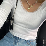 Znbbw y2k Hook Lace Frill Crop Top Full Sleeve White O Neck Cute Tee Women Aesthetic Korean Fashion Harajuku Basic T Shirt 90s