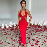 znbbw New Sexy Y2K Clothes Knitted Hollow Out Sleeveless Backless Lace Up Halter Bodycon Maxi Dress For Women Birthday Party Club