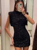 Znbbw Sequin Mini Dress For Women Elegant O Neck Fly Sleeve Shiny Short Robe Female Y2k Chic Christmas Evening Party Vestidos