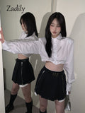 znbbw 2023 Summer Y2K Long Shirt Women White Crop Shirt Korea Style Sexy Button Up Asymmetrical Woman Blouse Female Clothing