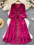 Znbbw Summer Bohemian Dress Retro Ethnic Style Embroidery V-neck Waist A-line Seaside Holiday Swing Long Vestidos Dress G12