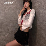 znbbw 2023 Autumn Street Style Slim Long Sleeve Print Women Short Shirt Sexy Button Ladies Crop Top Party Blouse New In Clothing