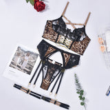 Znbbw Delicate Leopard Lingerie Cross Bra Kit Push Up See Through Underwear 4-Piece Fetish Fancy Luxury Lace Exotic Sets