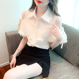 Znbbw Sleeve Blouse Women Tops Turn Down Collar Chiffon Blouse Shirt Blusas Mujer De Moda 2023 Verano Off Shoulder Top G456