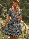 Znbbw Women's Summer Dress Elegant Floral Print Vintage Mini Dress Clothes V-Neck Puff Sleeve Ruffles Sexy Cake Dresses for Women 2023