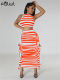 znbbw Summer Balck White Stripe 2 Two Piece Outfit Set For Women 2023 Bodycon Maxi Skirts Sets Casual Vacation Long Skirts