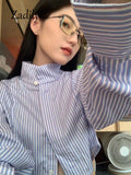 znbbw Korea Style 2023 Summer Long Sleeve Striped Women Cropped Shirt Casual Button Up Embroidery Woman Blouse Stand Neck Tops