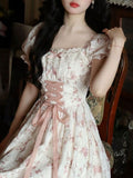 znbbw Korean Fashion Lace Fairy Dress Women Square Collar Princess Kawaii Floral Print Dress Female Bandage Sweet Dress 2023