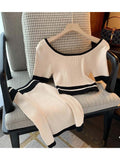 znbbw Elegant White knitted Outfits Ladies Summer Slim Sexy Femme Sleeveless Short Vest and High Waist Elastic Mini Skirt Suit