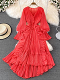 znbbw Autumn New Holiday Style Ankle Length Long Dresses Women Sexy V Neck Puff Sleeve Lace Elegant Evening Party Summer Dress