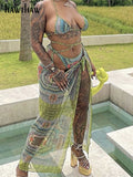 Znbbw Women 2023 Summer Mesh Sheer Bra Underwear Midi Skirt Beach Vacation Three Piece Matching Sets Outfit Wholesale Items