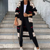 znbbw Warm Loose V-Neck Patchwork Knit Sweater Casual Autumn Outside Sweaters College Style Stripe Knitted Women Long Cardigan