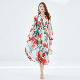 Znbbw Summer Runway Rose Flower Print Maxi Dress Women's V-Neck Long Sleeve Lace Up Belt Big Swing Slim Chiffon Dress N525