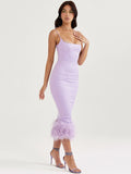 Znbbw Feather Tassel Spaghetti Strap Backless Long Dress Women Summer New Sleeveless Backless Bodycon Club Party Dress