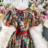 Znbbw 2023 Fashion Designer Runway Pleated Dress Summer Women Flare Sleeve Flower Print Lace Splicing Ruffles Party Vestidos