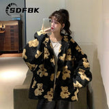 Znbbw Women Fleece Hooded Jackets Bear Cartoon Winter Y2K Fashion Streetwear Hoodie Warm Loose Outerwear Zip Up Couple Sweatshirt