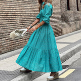znbbw Women Elegant Printed Party Dresses New Spring Ladies Lake Blue Boho Long Dress Casual Temperament Crease High Waist Shirt Dress