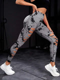 Znbbw Sexy Hollow Out Tie Dye Leggings Women Seamless Leggings High Waist Hip Liftting Stretchy Sports Fitness Running Yoga Tights