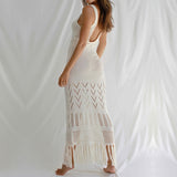 Znbbw Kintted Sexy Bodycon Dress for Women 2023 Summer Sleeveless White Club Party Long Dress Crochet Bikini Cover Up