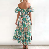 znbbw New Vintage Lantern Sleeve Off Shoulder Print Dress Women Casual Boho Pattern Holiday Maxi Dress Sexy Pleated Long Dress