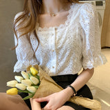 Znbbw Elegant Summer Short Sleeve Woman Shirts Square Collar Hollow Out White Blouse Women 2023 Korean Lace Shirt Blusas 13934