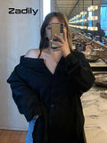 znbbw Oversize One Shouler Black Shirt Women Casual Long Sleeve Button Ladies Blouse 2023 Summer Daily Female Tops Tunic