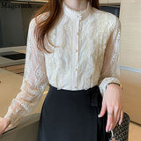 Znbbw Sleeve Women Shirt Stand Collar Flower Embroidery Blouse Women Elegant Fashion Button Lace Shirts Female Loose Blusas 16896