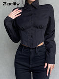 znbbw 2023 Autumn Y2K Sexy Long Sleeve Folds Women Shirt Street Gothic Button Ladies Crop Top Club Female Clothing Blouse Tops