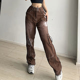 Znbbw Women Wide Leg Jeans Vintage Printed Y2K Low Waist 2023 Baggy Pants Casual Retro Graphic Streetwear Pocket Cargo Denim Trousers