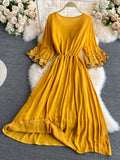 Znbbw Dress New Holiday Bohemian Dress Ethnic Style Cotton Linen Embroidery Lace Waist O- Neck Flared Sleeve Dress GD702