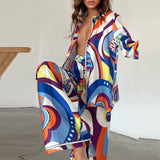 znbbw Retro Print Cardigan Long Sleeve Shirt + Straight Trousers Two Piece Set Outfits Autumn Women Sexy New High Street Suits