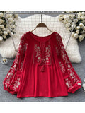 Znbbw Women Spring Summer Blouse French Printed Shirt New Loose Long Sleeve Design Small Retro Lantern Sleeve Embroidery Top D2564