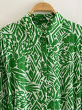 Znbbw TRAF Summer Fashion Green Printed Women Casual Shirt Robe Dress With Belt Wrist Sleeve High Waist Female Midi Dress
