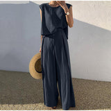 Znbbw Summer Cotton Women's Pajamas Set Sleeveless O-Neck Tank Top Wide Leg Pants Two Piece Sets Women Home Suit Oversize Outfits