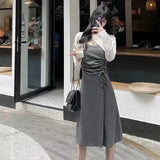 Znbbw Drawstring High Waist Slimming Split Elegant Slip Skirt Women's V-neck Dress Sunscreen Blouse Two-piece Suit