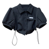 znbbw Style High Waist Shirts Women Puff Sleeve Crop Top Lace Up Design High-street Elegant Fashion Vintage Solid White Black
