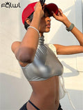 znbbw Summer Sexy silver Crop Top Club Outfit For Women 2023 Turtleneck Button Sleeveless Corset Tank Tops Party Casual Tops